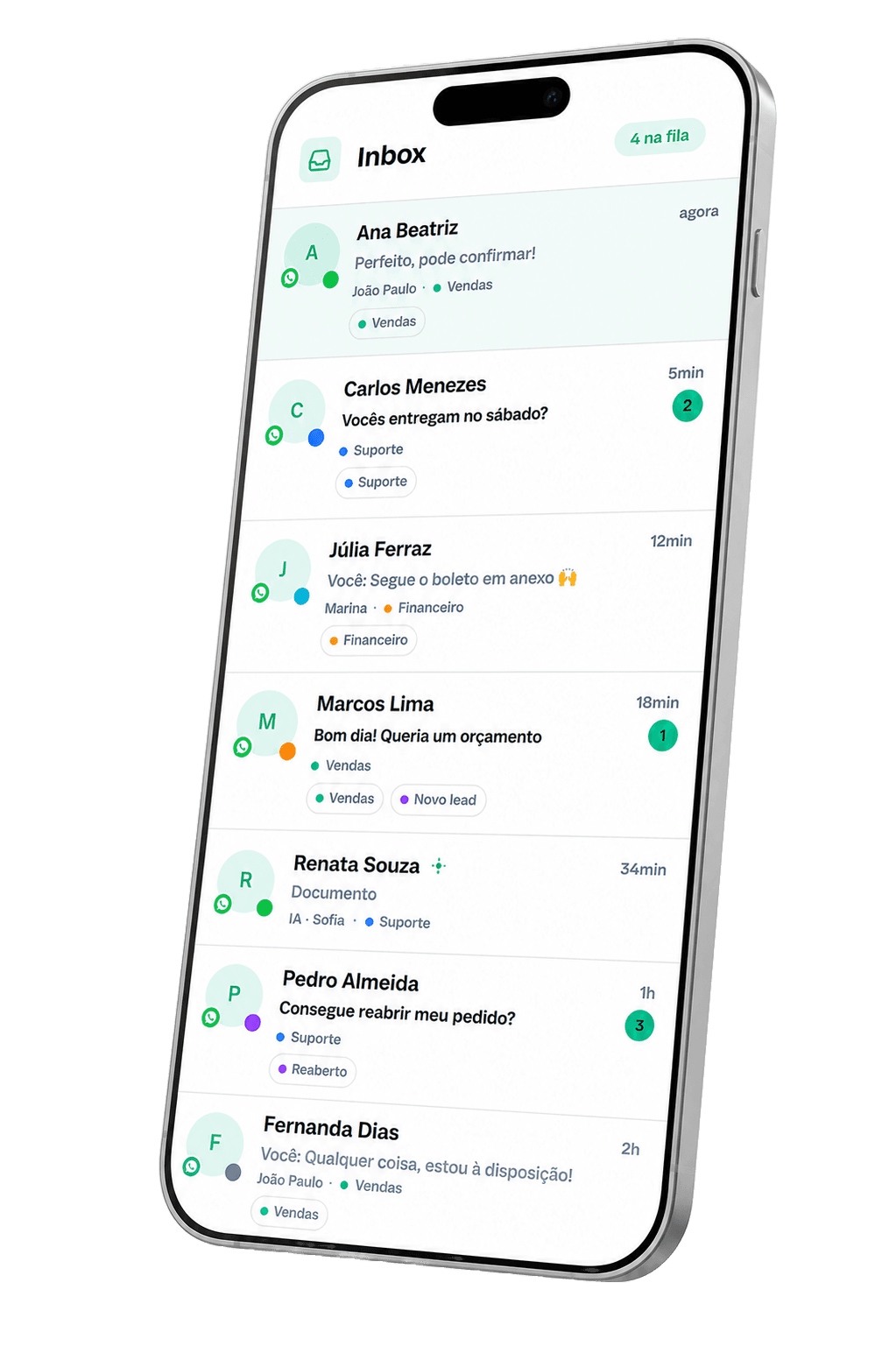 SendPub — inbox de WhatsApp no celular