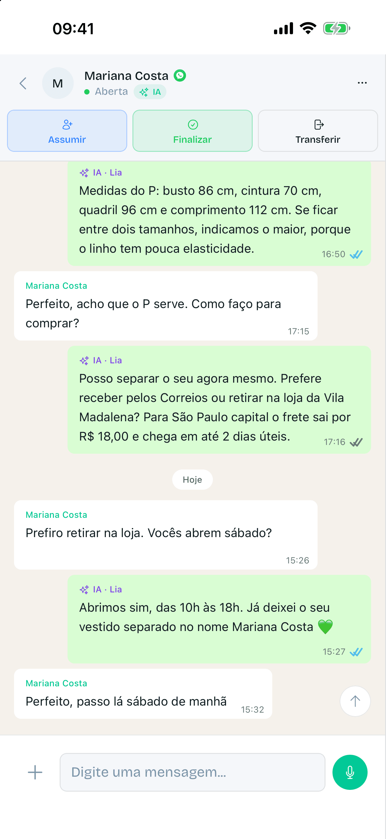Conversa com a IA atendendo no app da Sendpub