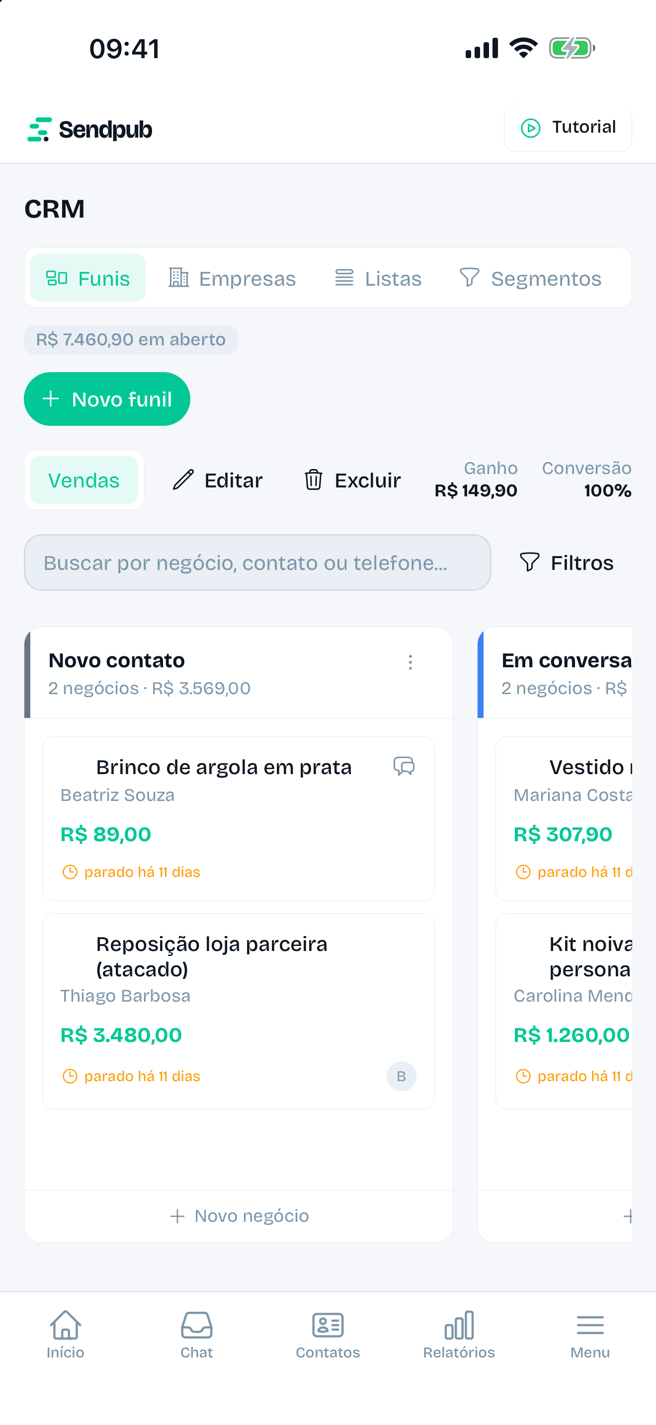 Funil de vendas no app da Sendpub