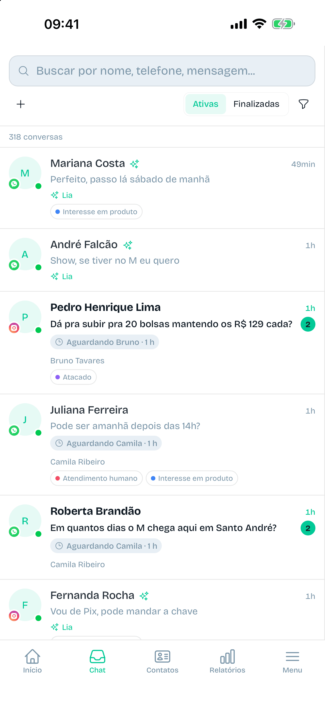 Caixa de entrada no app da Sendpub