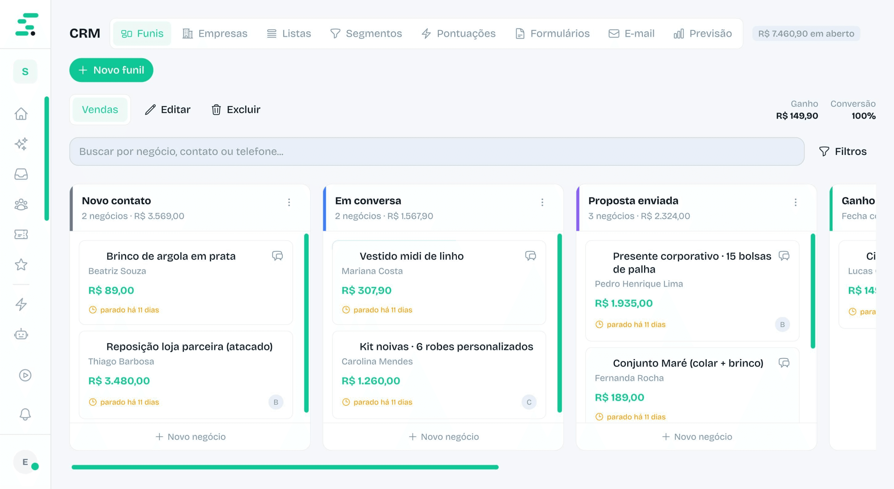 Funil de vendas do CRM com negócios e valores
