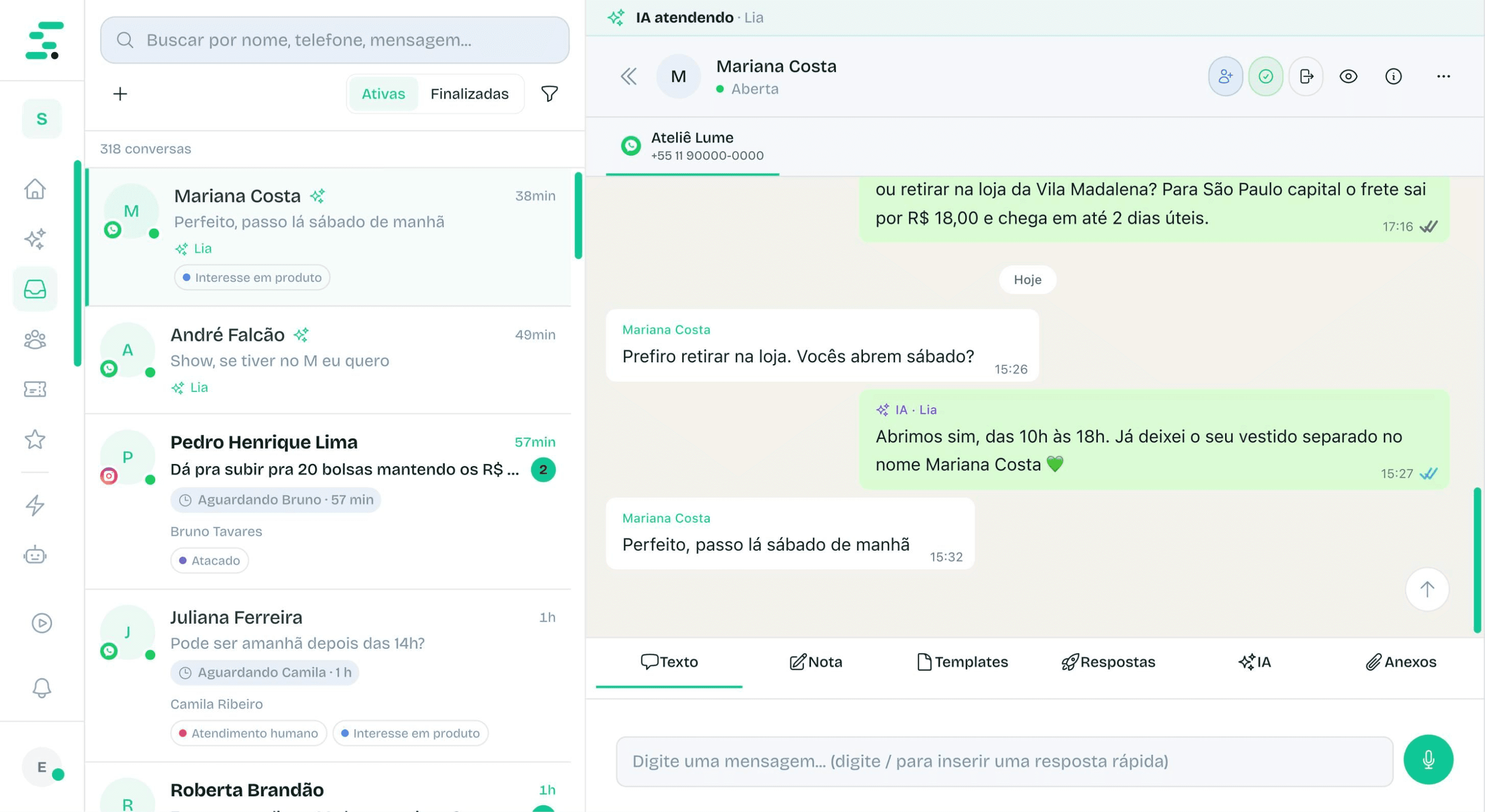 Conversa da IA respondendo uma cliente no WhatsApp