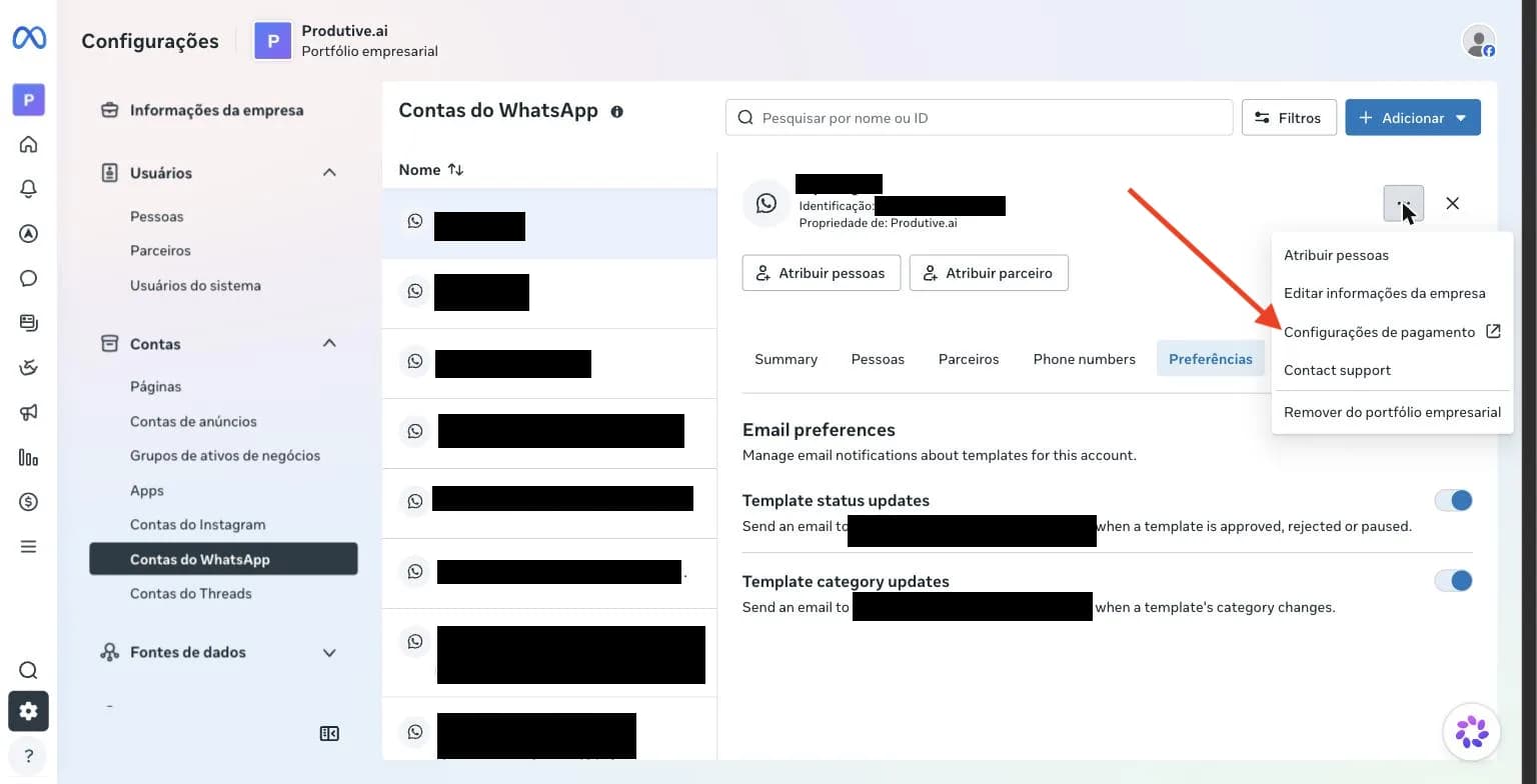 Menu da conta aberto com uma seta apontando para a opção Configurações de pagamento.