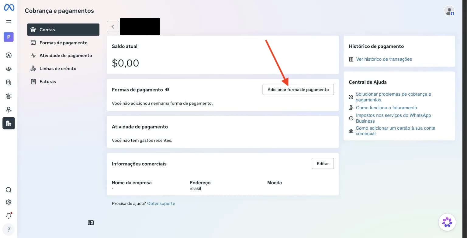 Tela Cobrança e pagamentos com uma seta apontando para o botão Adicionar forma de pagamento.