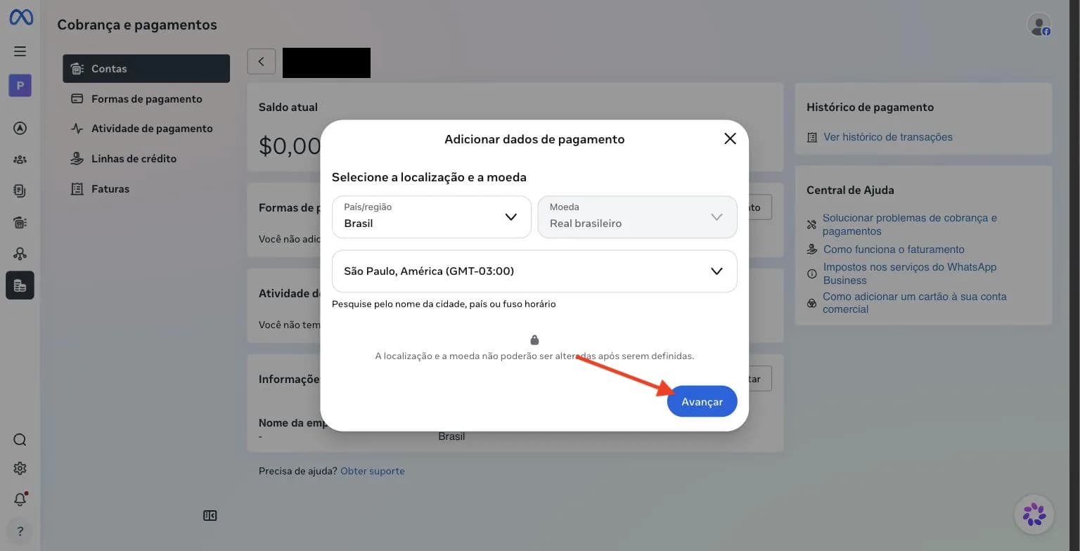 Janela Adicionar dados de pagamento com uma seta apontando para o botão Avançar.